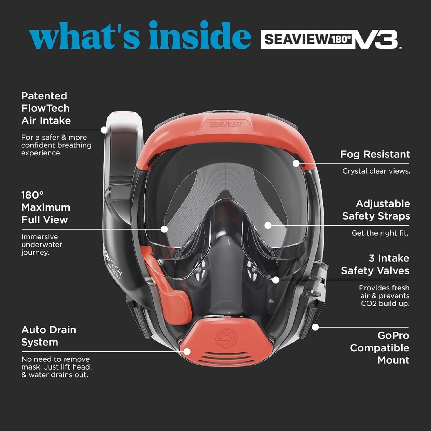 imageSeaview 180 V3 Full Face Snorkel Mask Adult The V3 is The Perfect Snorkeling Gear for Adults Snorkel Mask with 180 Panoramic Viewing and Up to 600 Easier Breathing Patented Flowtech Air IntakeCoral