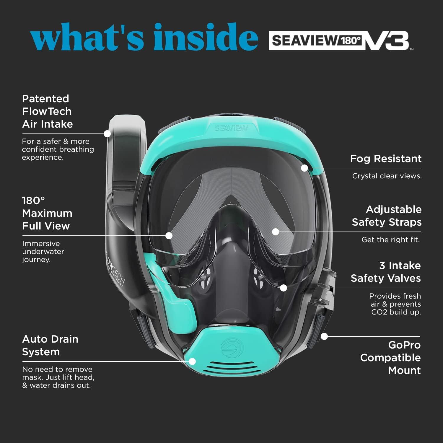 imageSeaview 180 V3 Full Face Snorkel Mask Adult The V3 is The Perfect Snorkeling Gear for Adults Snorkel Mask with 180 Panoramic Viewing and Up to 600 Easier Breathing Patented Flowtech Air IntakeTurquoise