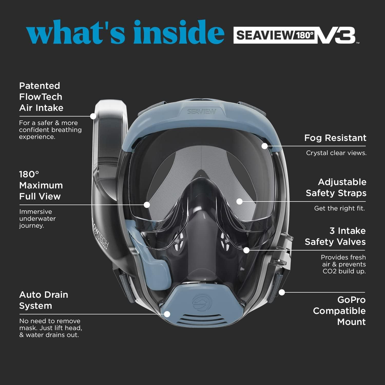 imageSeaview 180 V3 Full Face Snorkel Mask Adult The V3 is The Perfect Snorkeling Gear for Adults Snorkel Mask with 180 Panoramic Viewing and Up to 600 Easier Breathing Patented Flowtech Air IntakeSeaGlass