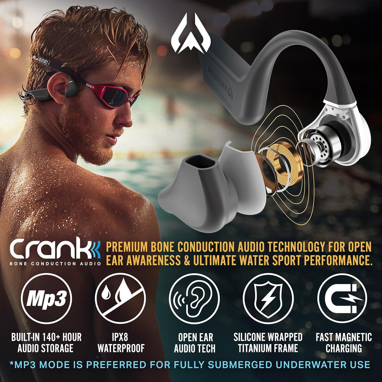 imageWildhorn Crank Bone Conduction Swimming Headphones Bluetooth 54 IPX8 Waterproof Fast Magnetic Charge MP3 2500 Songs Capacity No MicrophoneCharcoal