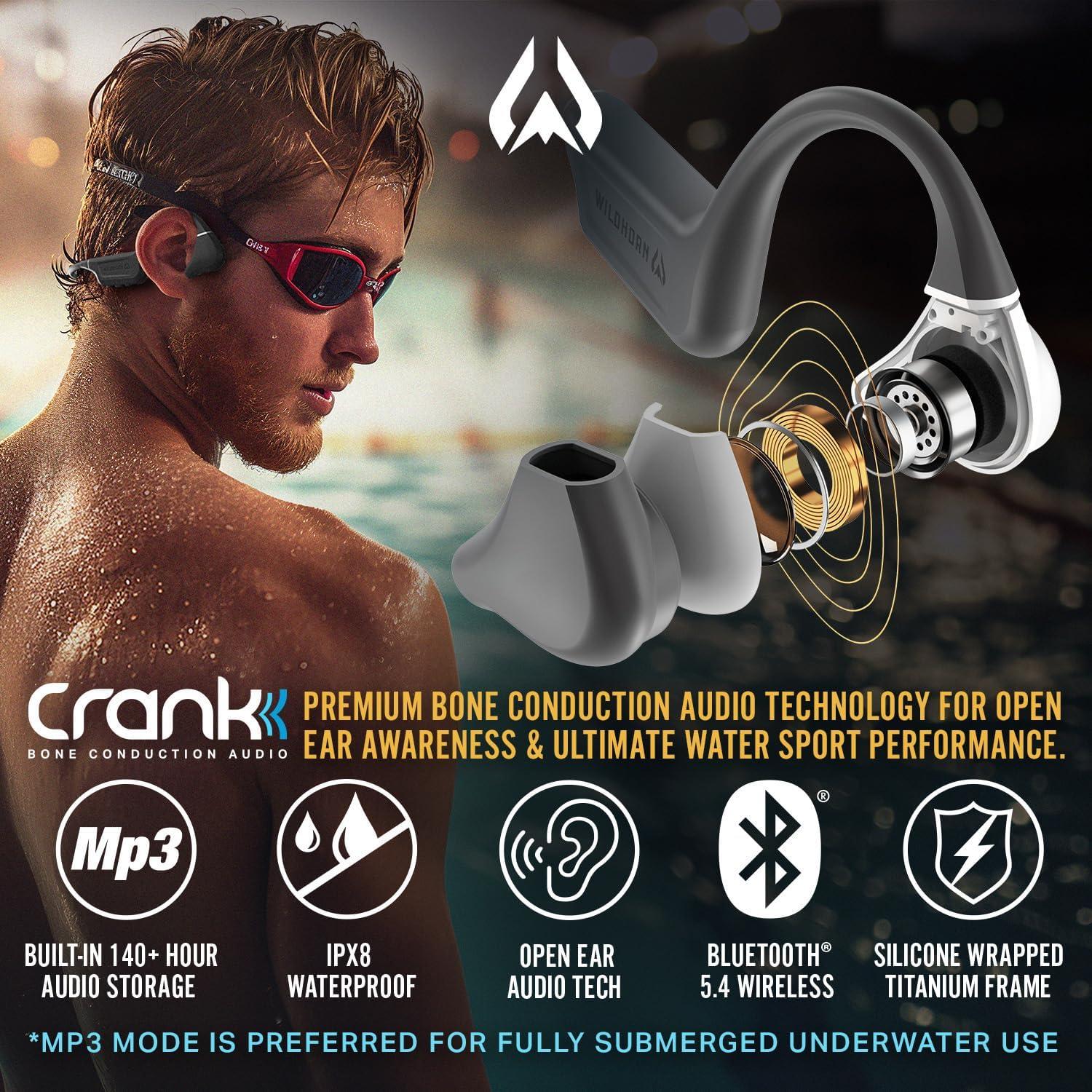 imageWildhorn Crank Bone Conduction Swimming Headphones Bluetooth 54 IPX8 Waterproof Fast Magnetic Charge MP3 2500 Songs Capacity No MicrophoneCharcoalRB